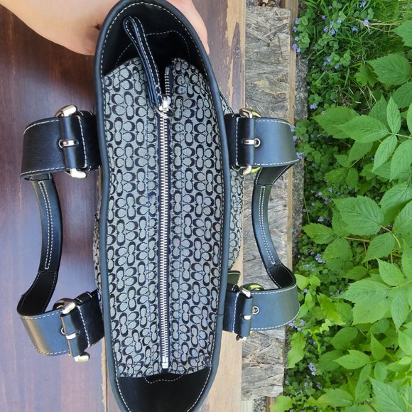 Coach Signature Shoulder Tote Bag Handbag Black and Tan Leather/canvas - Picture 14 of 15